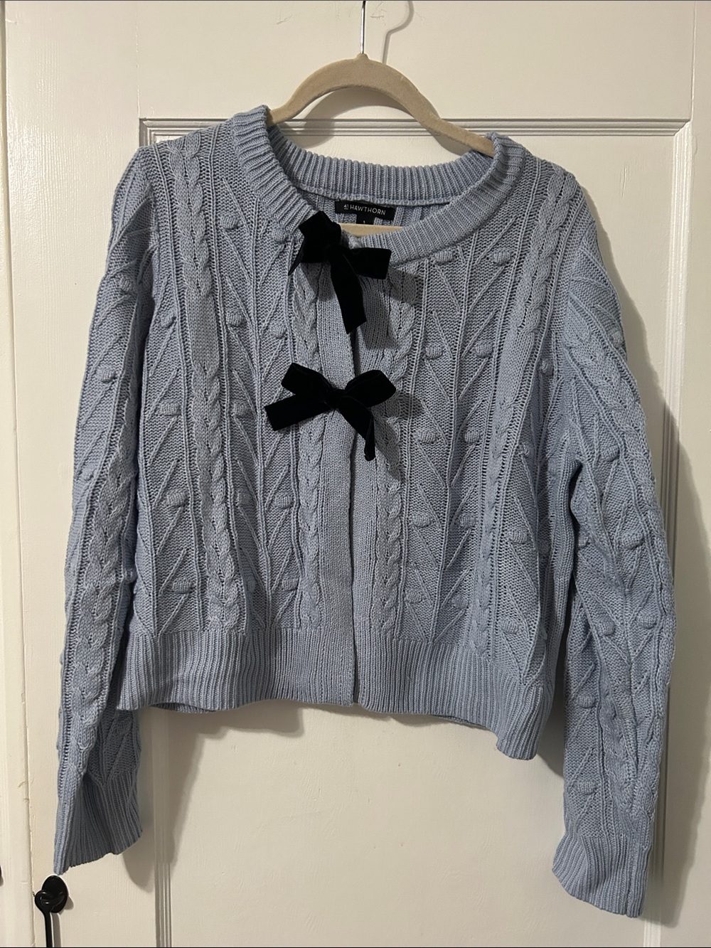 41 Hawthorn Light Blue Cable Knit Sweater with Black Bow Accents